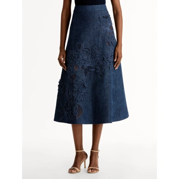 Oscar de la Renta Porcelain Flower Cutout Denim Skirt - Skirts - American Luxury Evening Wear at Coveti