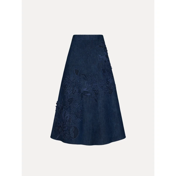 Oscar de la Renta Porcelain Flower Cutout Denim Skirt - Skirts - American Luxury Evening Wear at Coveti