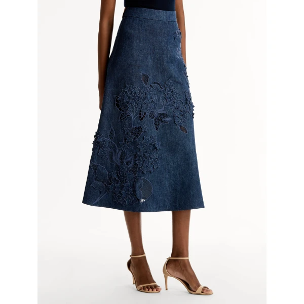 Oscar de la Renta Porcelain Flower Cutout Denim Skirt - Skirts - American Luxury Evening Wear at Coveti