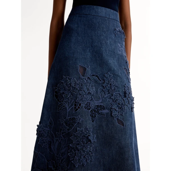Oscar de la Renta Porcelain Flower Cutout Denim Skirt - Skirts - American Luxury Evening Wear at Coveti