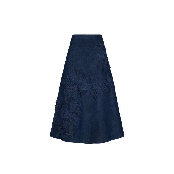 Oscar de la Renta Porcelain Flower Cutout Denim Skirt - Skirts - American Luxury Evening Wear at Coveti