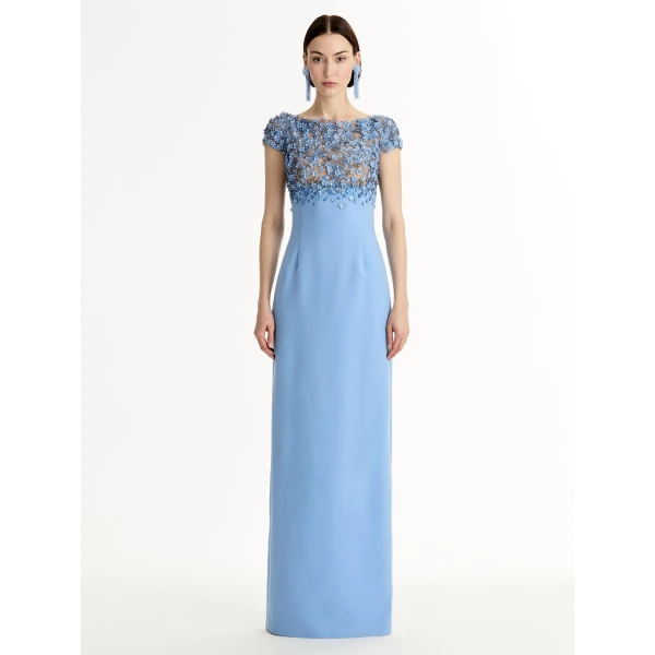 Oscar de la Renta Porcelain Flower Embroidered Cap Sleeve Gown - Dresses - American Luxury Evening Wear at Coveti