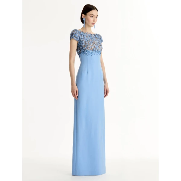 Oscar de la Renta Porcelain Flower Embroidered Cap Sleeve Gown - Dresses - American Luxury Evening Wear at Coveti