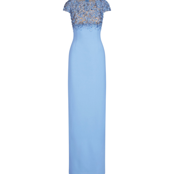 Oscar de la Renta Porcelain Flower Embroidered Cap Sleeve Gown - Dresses - American Luxury Evening Wear at Coveti