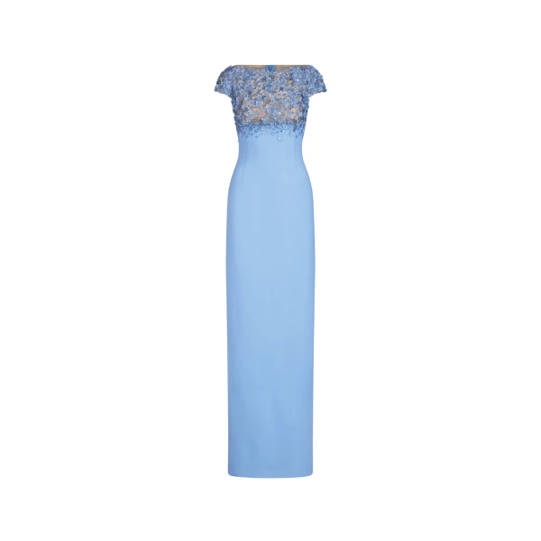 Oscar de la Renta Porcelain Flower Embroidered Cap Sleeve Gown - Dresses - American Luxury Evening Wear at Coveti