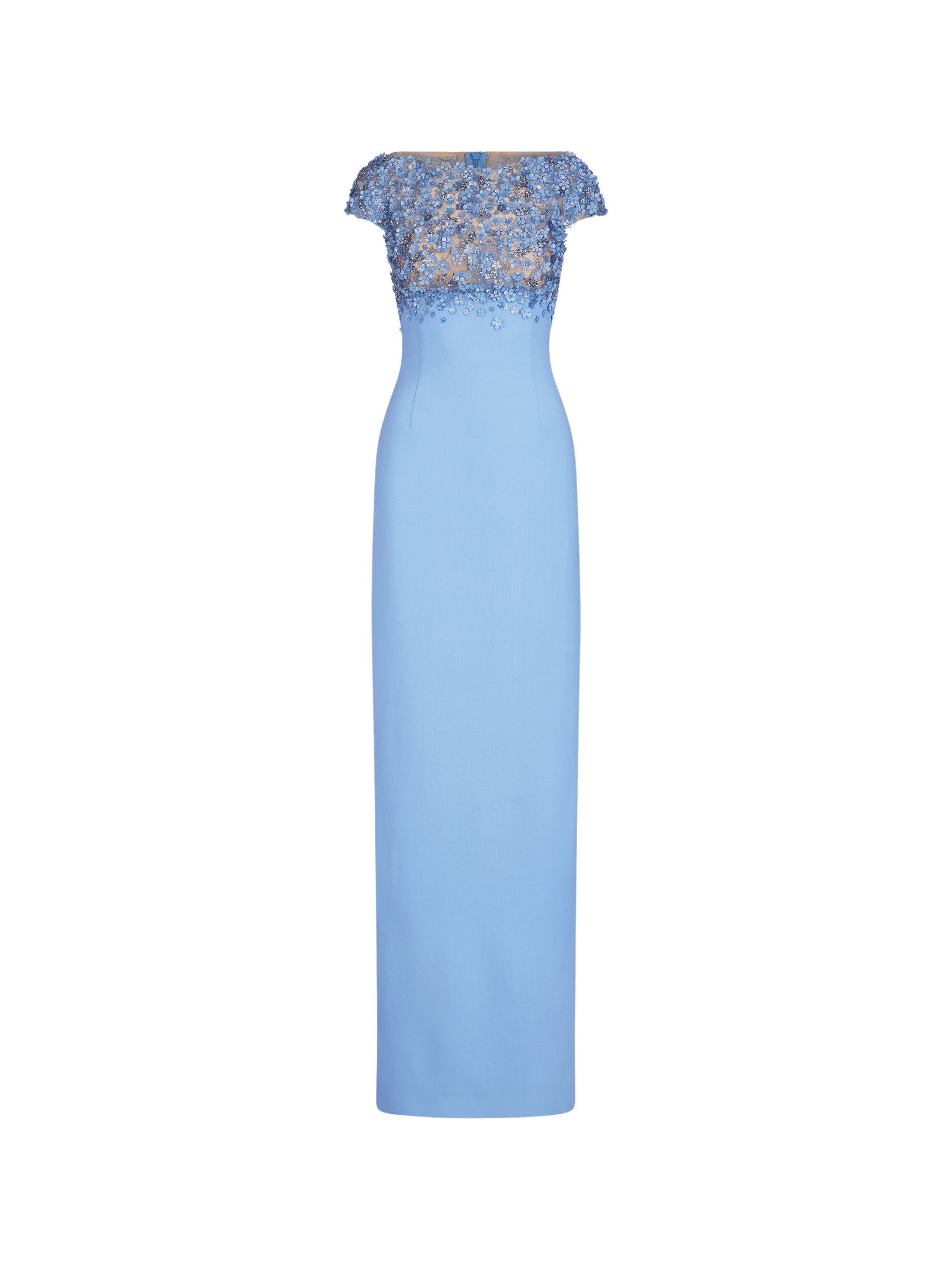 Oscar de la Renta Porcelain Flower Embroidered Cap Sleeve Gown