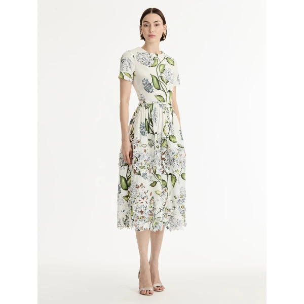 Oscar de la Renta Porcelain Flower Embroidered Cotton Poplin Dress - Dresses - American Luxury Evening Wear at Coveti