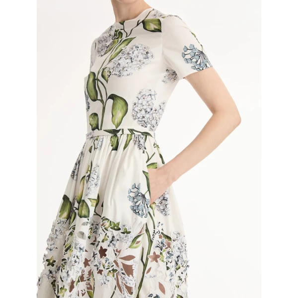 Oscar de la Renta Porcelain Flower Embroidered Cotton Poplin Dress - Dresses - American Luxury Evening Wear at Coveti