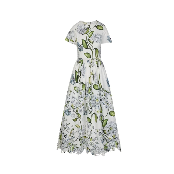 Oscar de la Renta Porcelain Flower Embroidered Cotton Poplin Dress - Dresses - American Luxury Evening Wear at Coveti