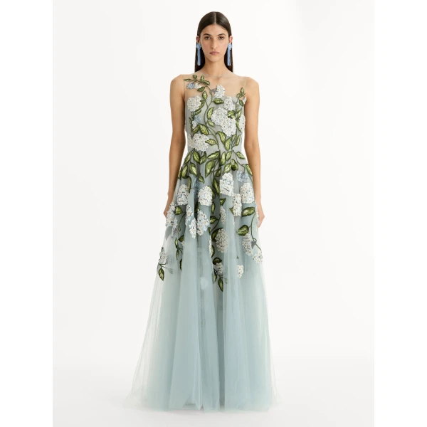 Oscar de la Renta Porcelain Flower Embroidered Gown - Dresses - American Luxury Evening Wear at Coveti