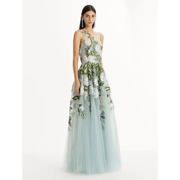 Oscar de la Renta Porcelain Flower Embroidered Gown - Dresses - American Luxury Evening Wear at Coveti