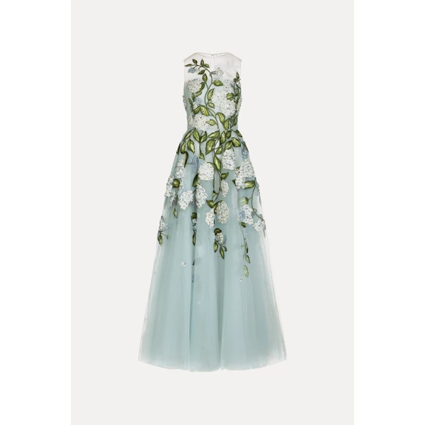 Oscar de la Renta Porcelain Flower Embroidered Gown, view 5