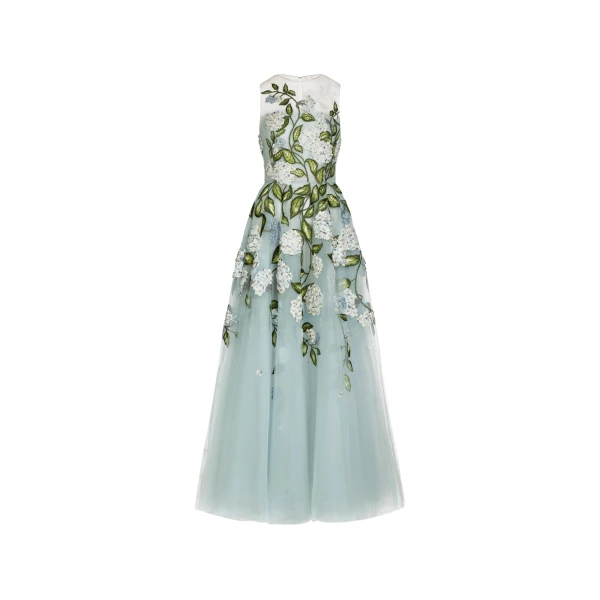 Oscar de la Renta Porcelain Flower Embroidered Gown - Dresses - American Luxury Evening Wear at Coveti