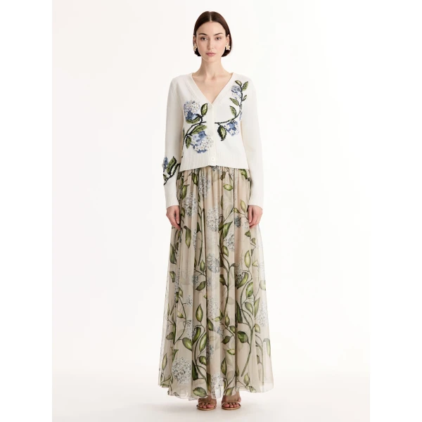 Oscar de la Renta Porcelain Flower Jacquard Cardigan - Knitwear - American Luxury Evening Wear at Coveti