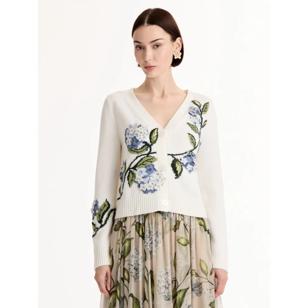 Oscar de la Renta Porcelain Flower Jacquard Cardigan - Knitwear - American Luxury Evening Wear at Coveti