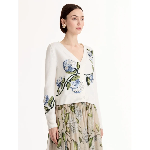 Oscar de la Renta Porcelain Flower Jacquard Cardigan - Knitwear - American Luxury Evening Wear at Coveti