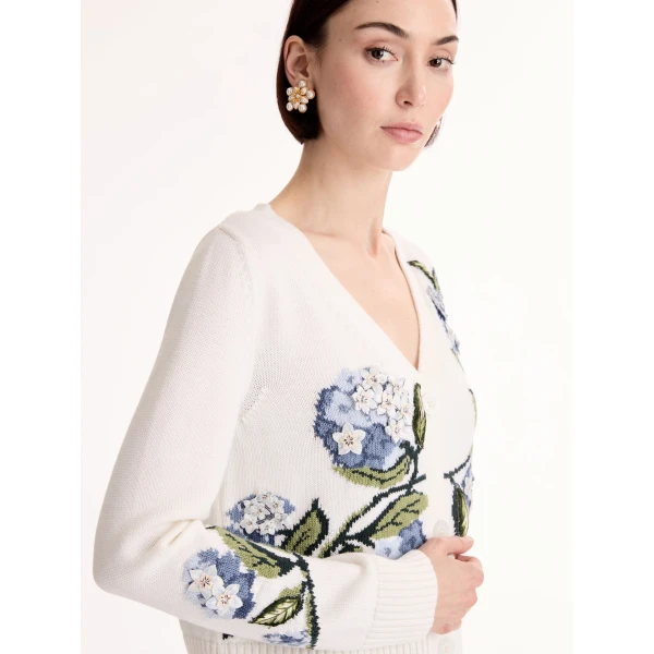 Oscar de la Renta Porcelain Flower Jacquard Cardigan - Knitwear - American Luxury Evening Wear at Coveti
