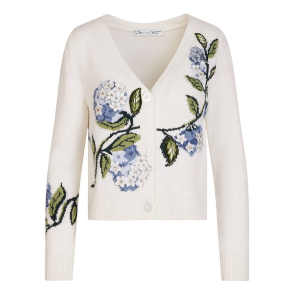Oscar de la Renta Porcelain Flower Jacquard Cardigan - Knitwear - American Luxury Evening Wear at Coveti