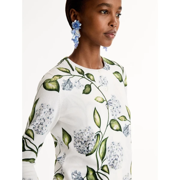 Oscar de la Renta Porcelain Flower Printed Cardigan - Knitwear - American Luxury Evening Wear at Coveti