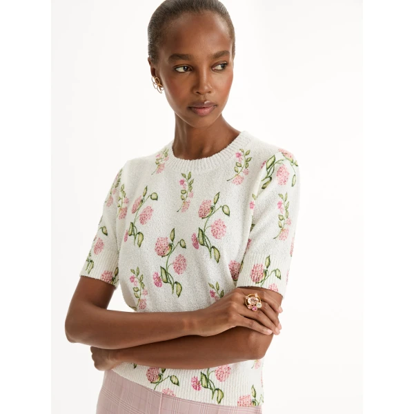 Oscar de la Renta Porcelain Flower Printed Embroidered Pullover - Knitwear - American Luxury Evening Wear at Coveti