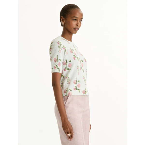 Oscar de la Renta Porcelain Flower Printed Embroidered Pullover - Knitwear - American Luxury Evening Wear at Coveti