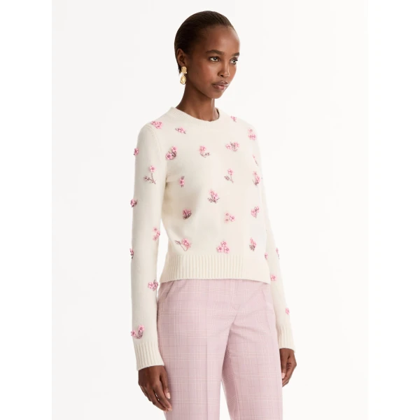 Oscar de la Renta Porcelain Flower Sequin Embroidered Pullover - Knitwear - American Luxury Evening Wear at Coveti