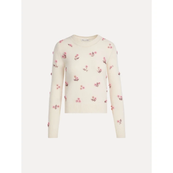 Oscar de la Renta Porcelain Flower Sequin Embroidered Pullover - Knitwear - American Luxury Evening Wear at Coveti