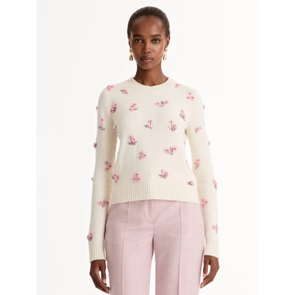 Oscar de la Renta Porcelain Flower Sequin Embroidered Pullover - Knitwear - American Luxury Evening Wear at Coveti