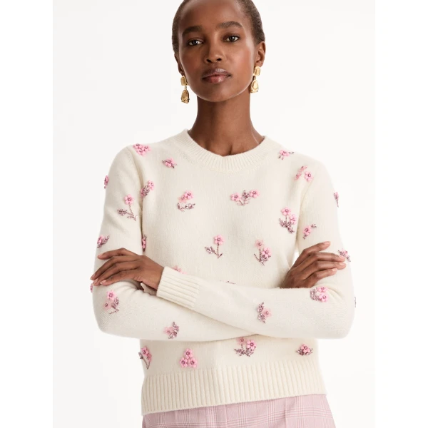 Oscar de la Renta Porcelain Flower Sequin Embroidered Pullover - Knitwear - American Luxury Evening Wear at Coveti