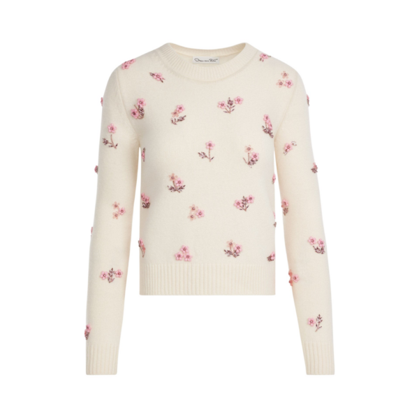 Oscar de la Renta Porcelain Flower Sequin Embroidered Pullover - Knitwear - American Luxury Evening Wear at Coveti