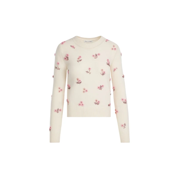 Oscar de la Renta Porcelain Flower Sequin Embroidered Pullover - Knitwear - American Luxury Evening Wear at Coveti