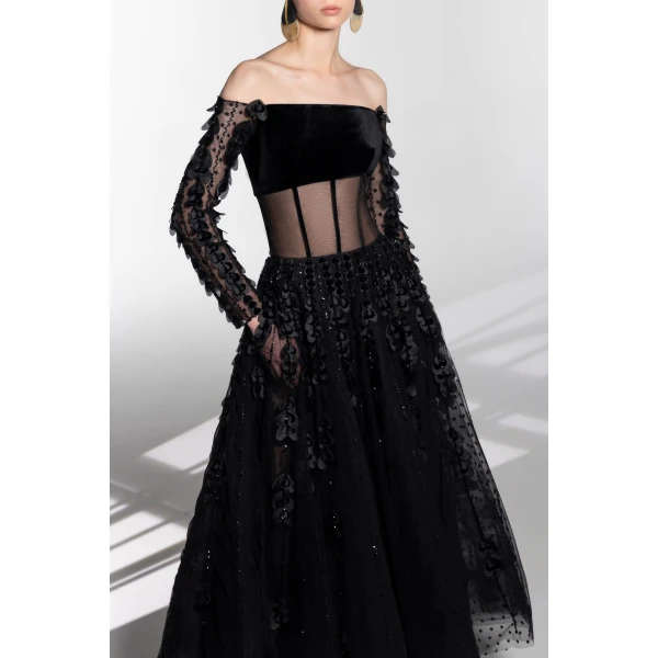 Saiid Kobeisy Beaded Hearts Dress With Velvet Top, view 4