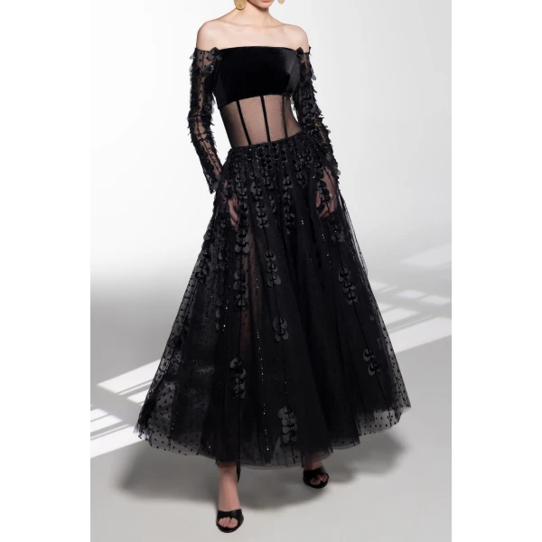 Saiid Kobeisy Beaded Hearts Dress With Velvet Top, view 5