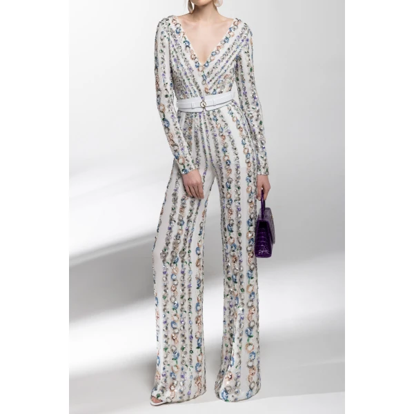 Saiid Kobeisy Canton Crepe Beaded Jumpsuit With A Wrapped Top, view 2