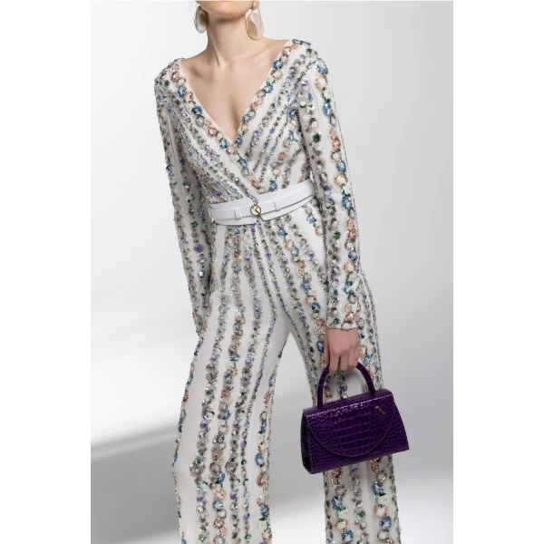 Saiid Kobeisy Canton Crepe Beaded Jumpsuit With A Wrapped Top, view 4