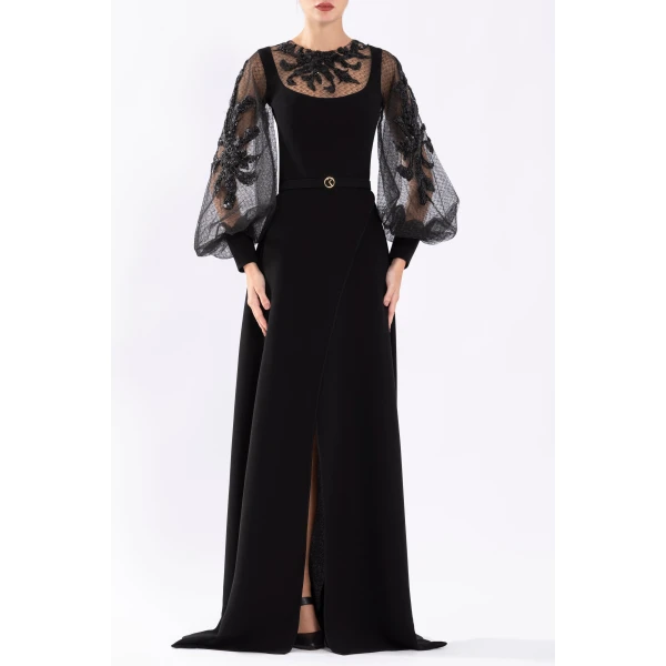 Saiid Kobeisy Crepe Dress With Envelope Skirt And A Beaded Top And Sleeves, view 5