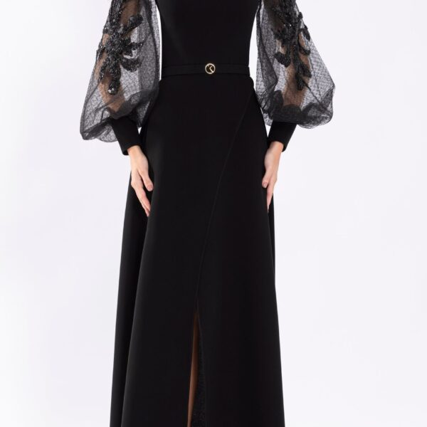 Crepe Dress With Envelope Skirt And A Beaded Top And Sleeves - Image 5