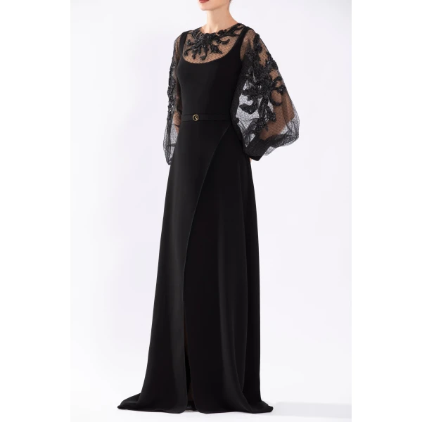 Saiid Kobeisy Crepe Dress With Envelope Skirt And A Beaded Top And Sleeves, view 6