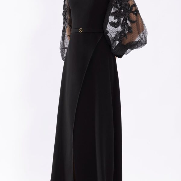 Crepe Dress With Envelope Skirt And A Beaded Top And Sleeves - Image 6