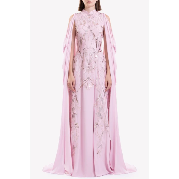 Saiid Kobeisy Crepe Georgette Dress With Draped Sleeves, view 3