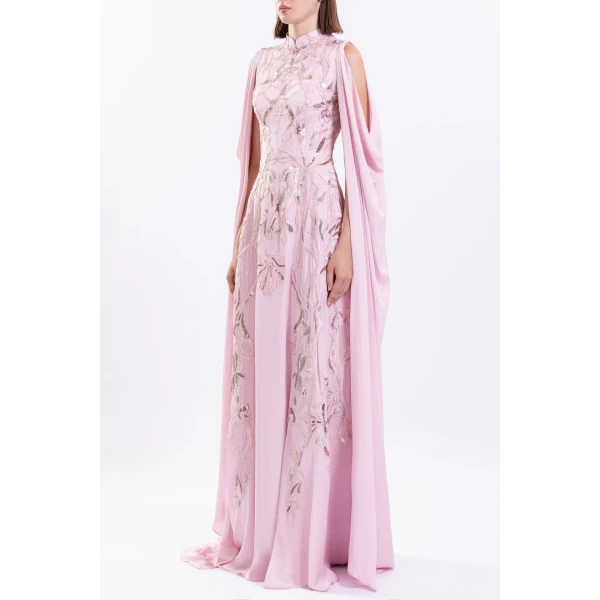 Saiid Kobeisy Crepe Georgette Dress With Draped Sleeves, view 4