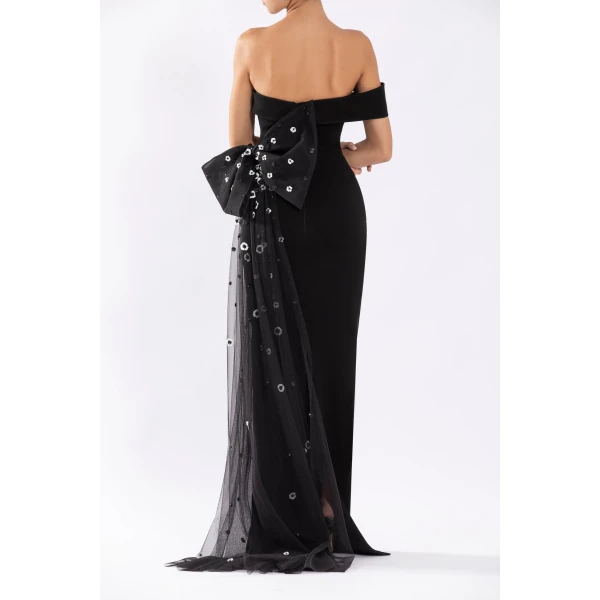 Saiid Kobeisy Crepe Off-Shoulder Dress With A Tulle Bow And Tail On The Back, view 3
