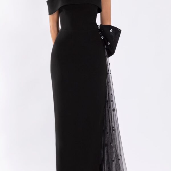 Crepe Off-Shoulder Dress With A Tulle Bow And Tail On The Back - Image 5