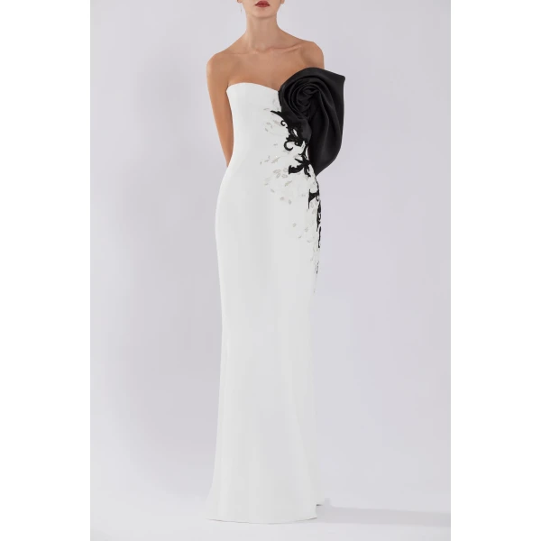 Saiid Kobeisy Crepe Straight Fit Dress With Mikado One Sided Off-Shoulder Sleeve, view 2