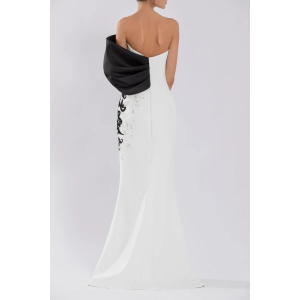 Saiid Kobeisy Crepe Straight Fit Dress With Mikado One Sided Off-Shoulder Sleeve, view 3