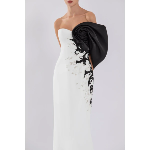 Saiid Kobeisy Crepe Straight Fit Dress With Mikado One Sided Off-Shoulder Sleeve, view 4