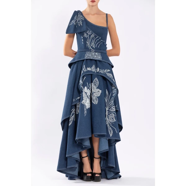 Saiid Kobeisy Denim Dress With Floral Embroidery, view 2