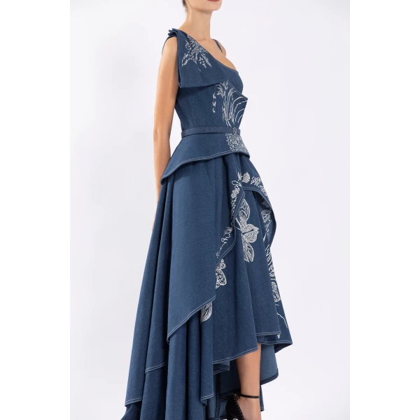 Saiid Kobeisy Denim Dress With Floral Embroidery, view 4