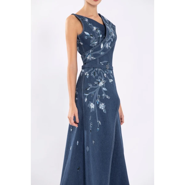 Saiid Kobeisy Denim Dress With Printed Embroidery, view 4