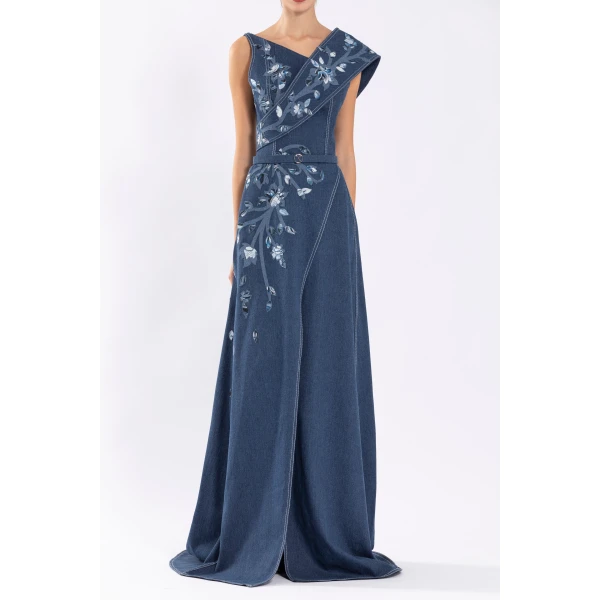 Saiid Kobeisy Denim Dress With Printed Embroidery, view 5